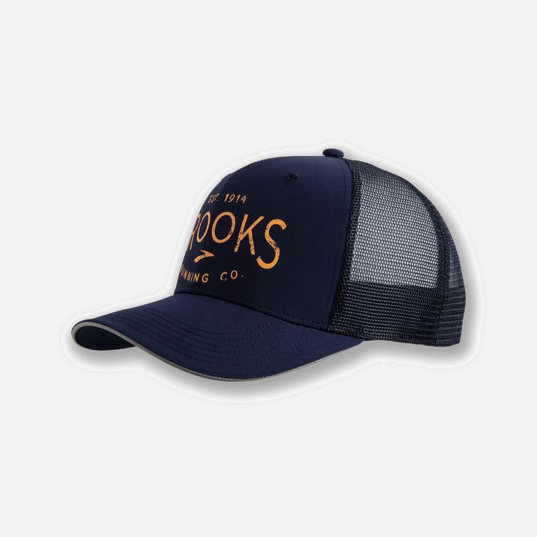 Brooks Discovery Trucker Israel - Men's Running Hat - Navy/Heritage (40197-KEPS)